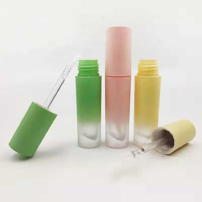 Round empty mini gradient green yellow lipstick lip gloss container frosted pink lipgloss packaging tubes with heart brush 3ml