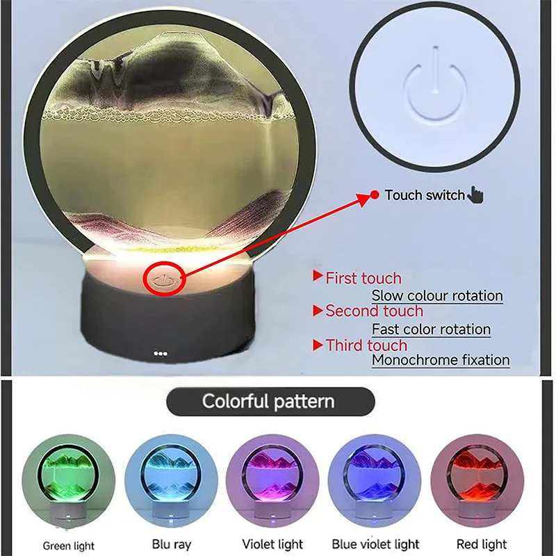 Moving Sand Art Table Lamp 3D Deep Sea Sandscape Quicksand Lamp 360 Rotating Hourglass Lights 7 Color Changing Sand Motion Lamp