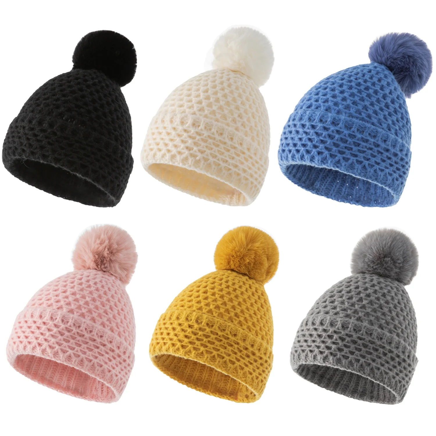 Custom New Fashion pompon ball waffle knit Knitted winter hat beanies hats with label hats wholesale
