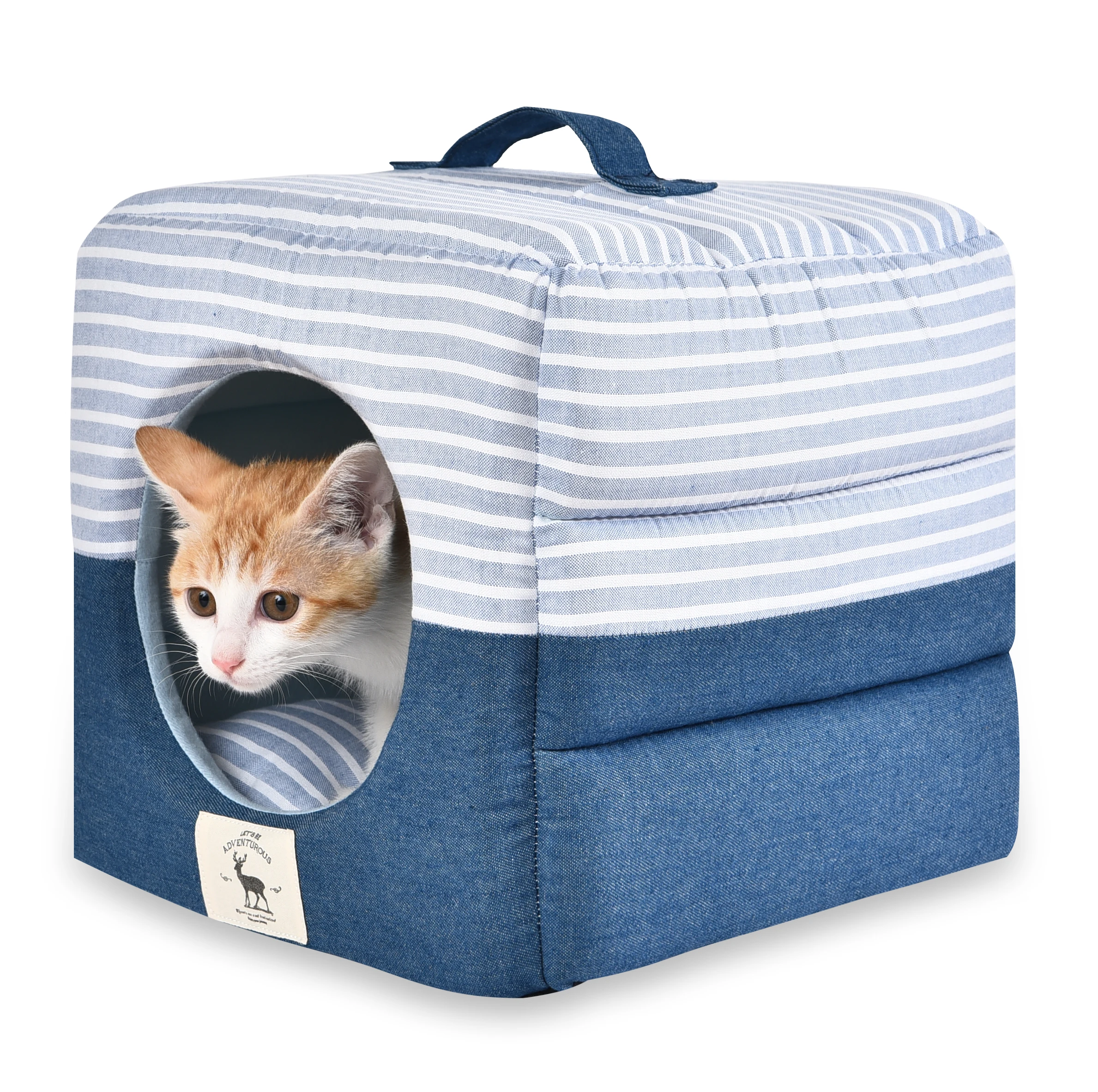 Wholesale 3 Ways Use Jean Fabric Pet Bed Portable and Folding Pet House with Soft Cushion Cat Cube Bed with Non-slip bottom