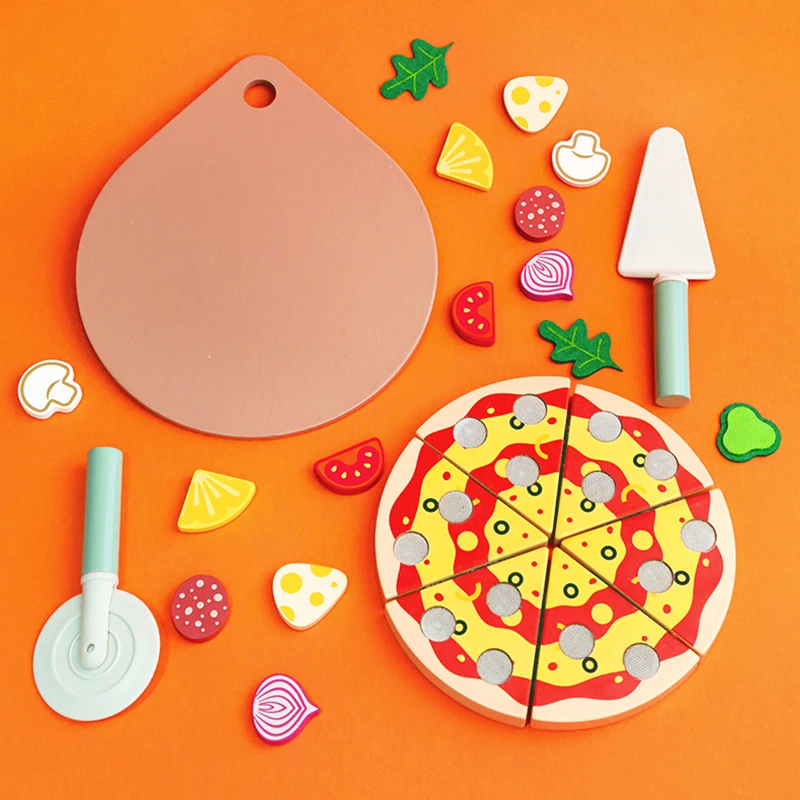 Wooden kids pretend play fruit vegetable cutting pizza toy wood simulation food  kitchen toys for Children cooking role play