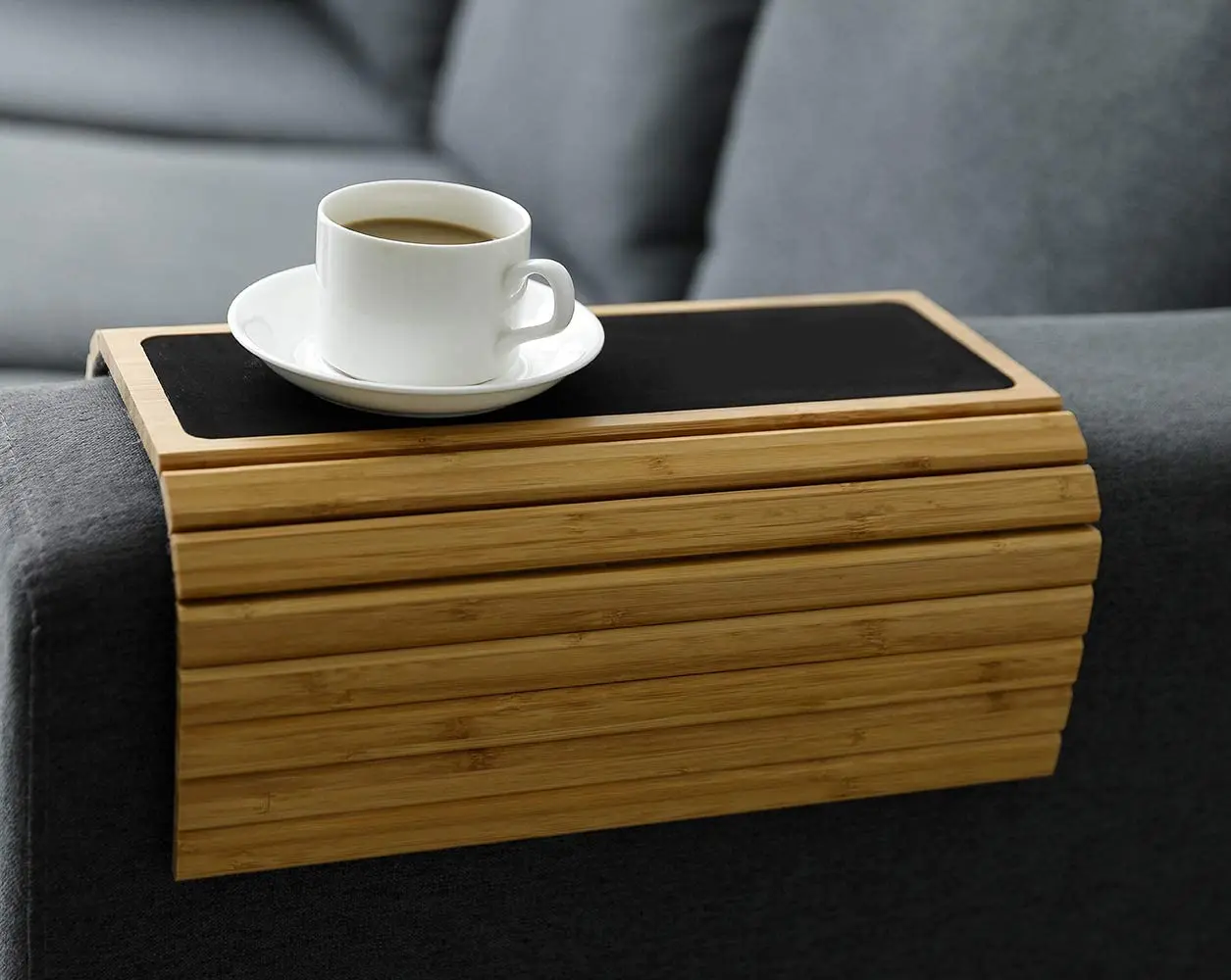 New Design Bamboo Sofa Arm Clip Tray Side Table TV Serving Tray Cup Plate Couch Table for Couch Drink Snack Living Room