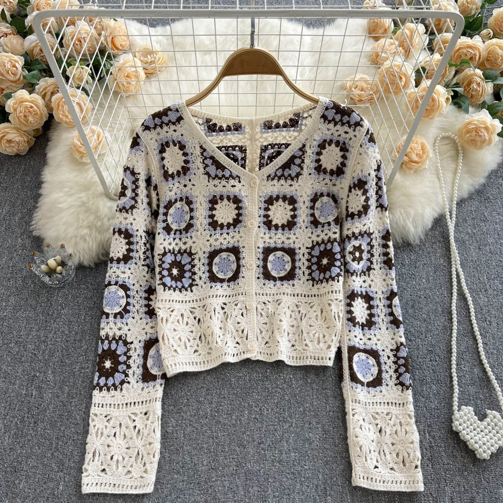 Women Vintage Crochet Square Cardigan Jumper Long Sleeve Button Down Floral Knitted Sweater Knitwear Cardigan