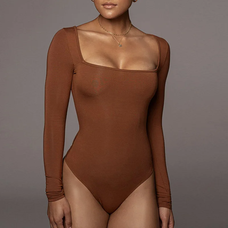 2022 Custom Womens Square Neck Brown Sexy Skinny One Piece Bodycon Jumpsuit Bodysuit Top