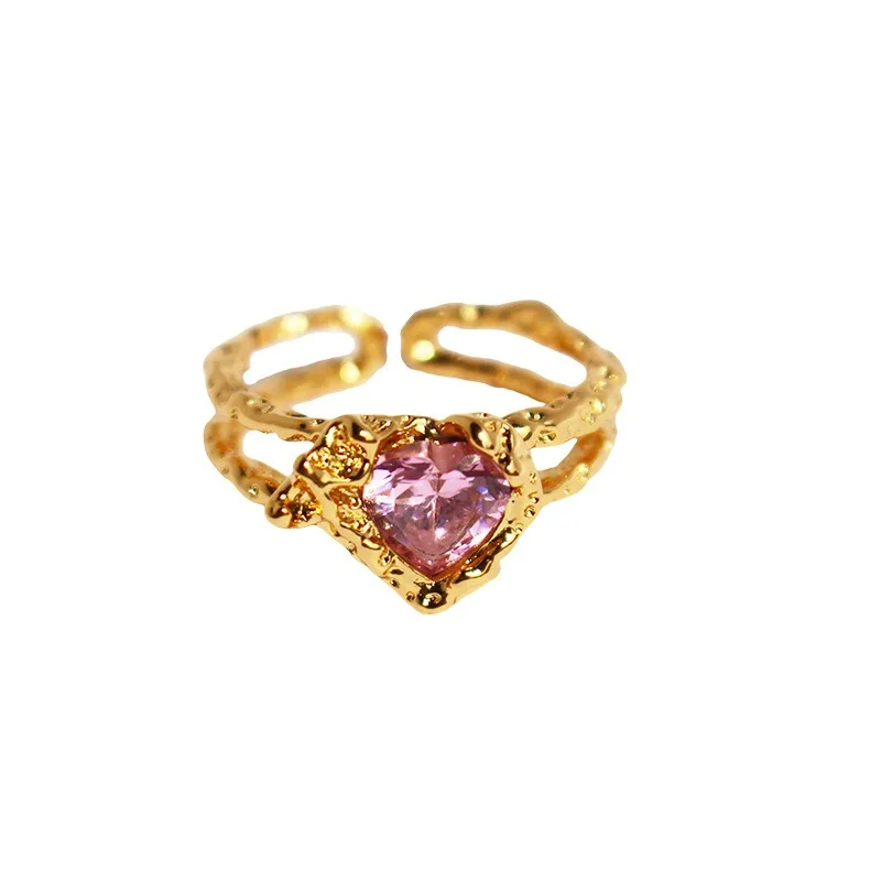 Copper-plated Niche design love pink zircon ring sweet and cool heart-shaped adjustable open ring