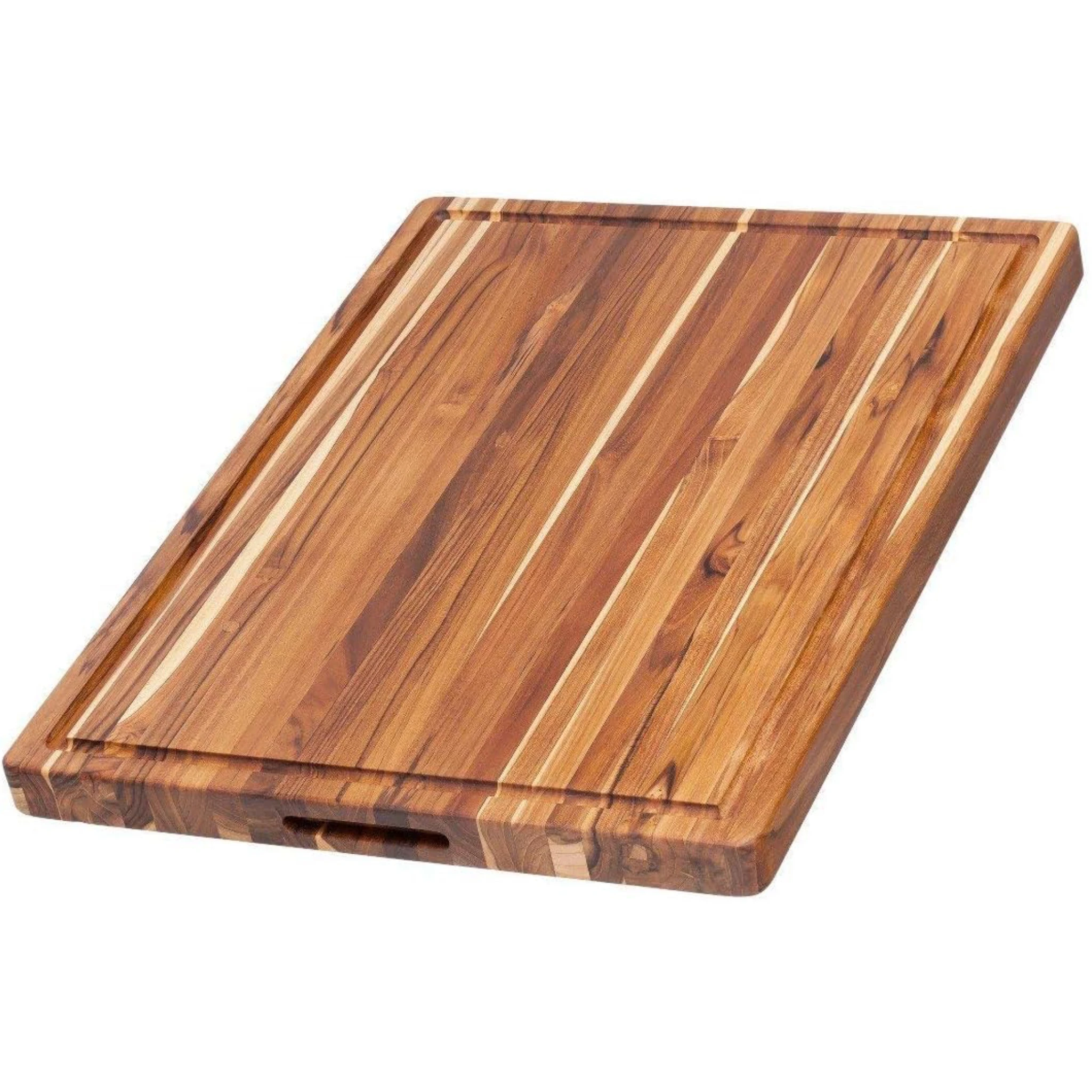 Large (L) Wood Cutting Board with Juice Groove and Grip Handles - Reversible Teak Edge Grain Wood - Knife Friendly