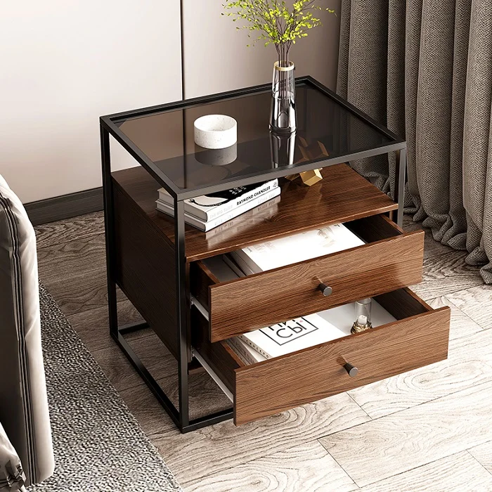 Modern Side End Table 3-Tier Nightstand with Glass Top and Storage Drawer Bedside Table for Living Room/Bedroom