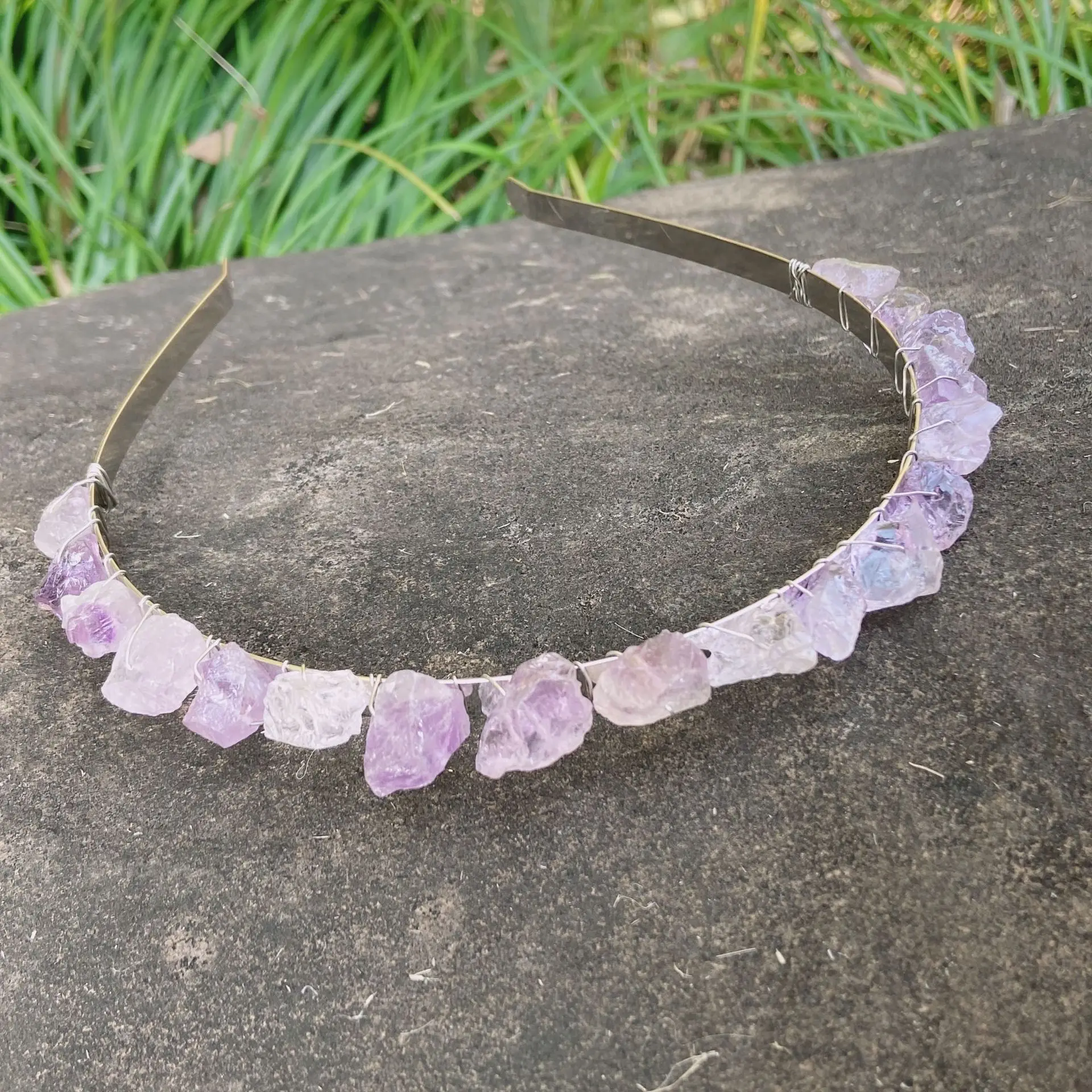High Quality Hand-made Natural Amethyst Crystal Chips Stone Crown Hair Hoop Wedding Bridal Accessories For Girl Women