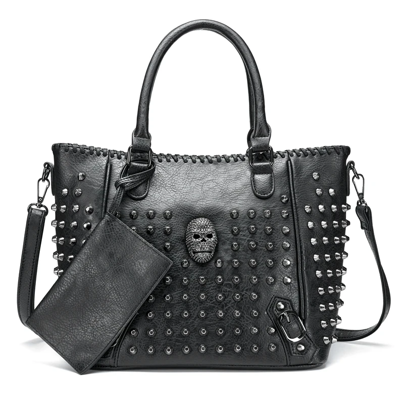 New Rivet Women  Pu Leather Crossbody Bag Purse Skull Handbag Quality Punk Shoulder Bags with Wallet Messenger Bag