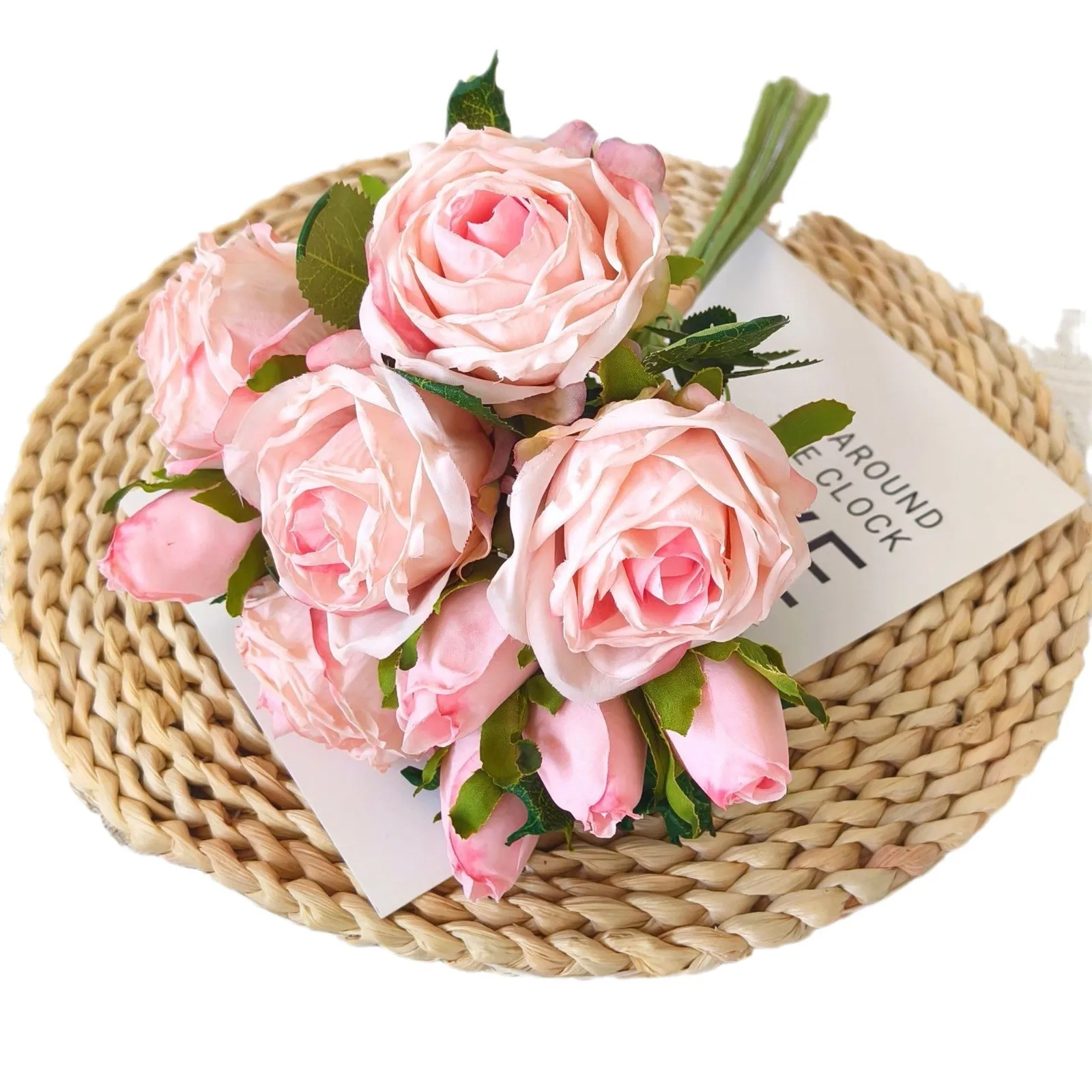 YIWAN Wholesale 5 hand tied bumt edge roses Artificial silk Flower Cabbage Roses Wedding Decorative Big bunch of Flower