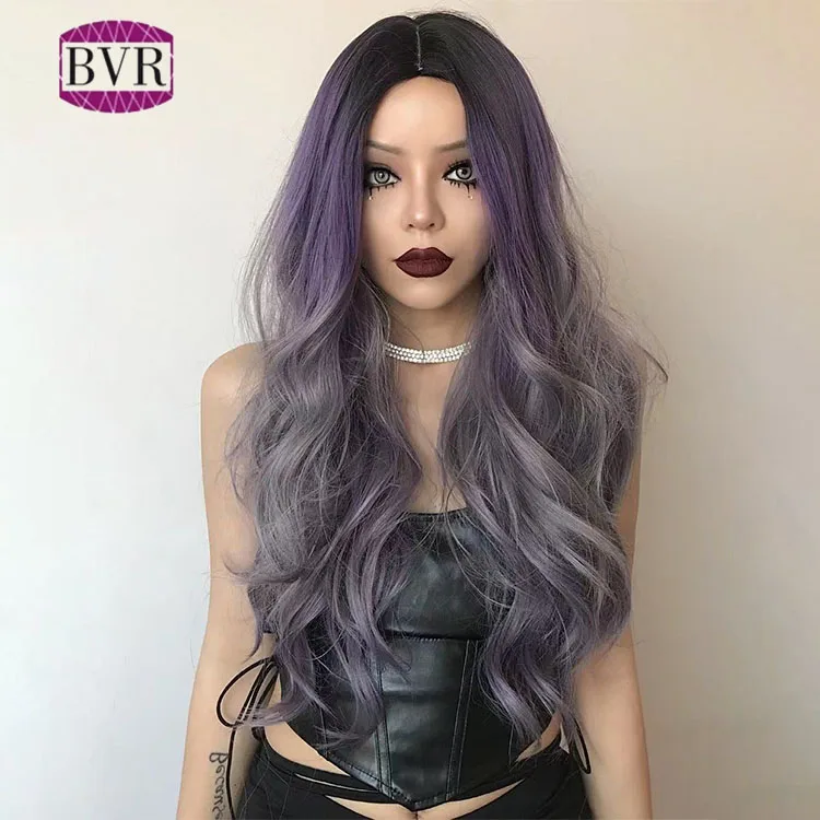 BVR Gray and Purple Ombre Color Long Curly Hair Wig Body Wave Japanese Fibre Synethetic Hair Wig