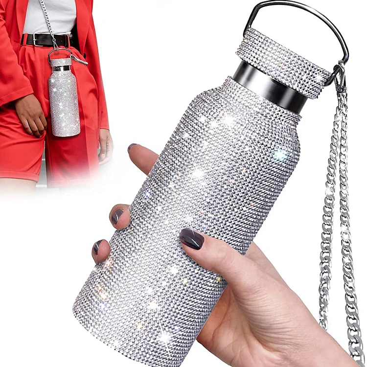 Women Creative Portable Handle Color Crystal Rhinestone Diamond Bling Bling Stainless Steel Vacuum Thermos Flask Water Bottle