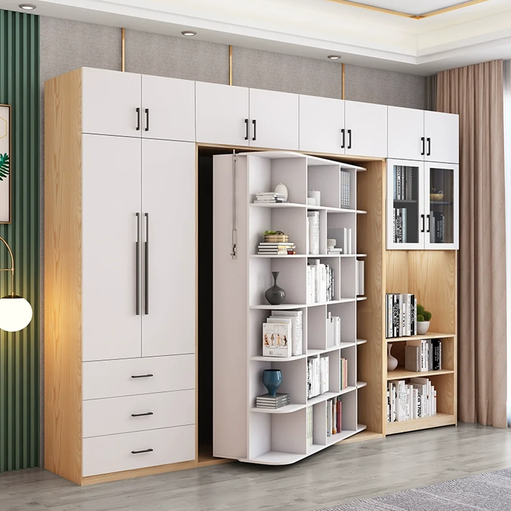 Custom Hot Sale Rotating Invisible Folding Bed Combination Multi Functional With Wardrobe Cabinets Desk Bookcase Wall Murphy Bed