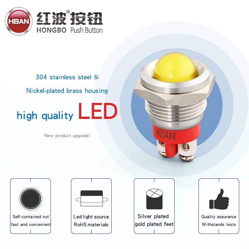 Yellow flat head 22mm mounting holes metal ip67 24 volt dc led waterproof indicator light