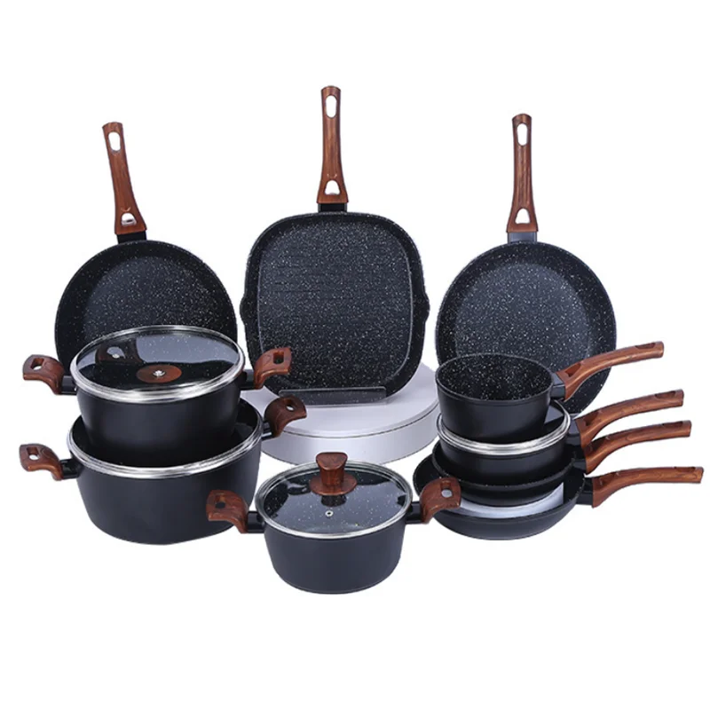 Amazon Wood Handle Black Stainless Steel Induction Kitchen Forged Aluminum Cooking Pot Pan Camping 7 pcs Non Stick Cookware Set