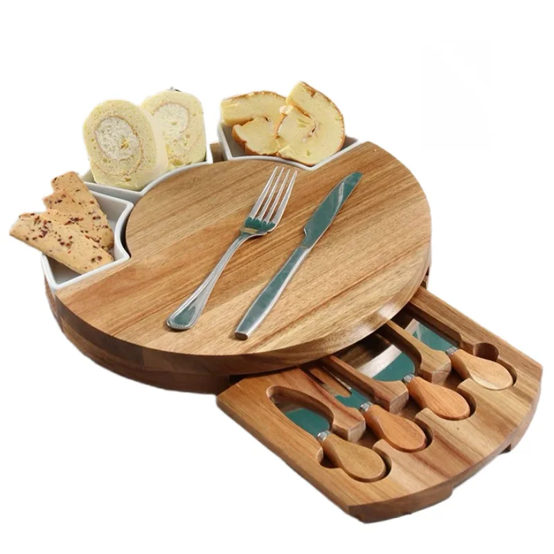 Cheese Board Set Hidden Drawers Food Serving Charcuterie Board Bamboo Cheese Board With Knife Set