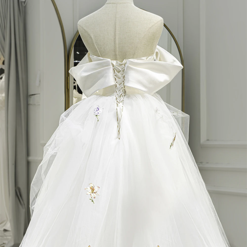 Lily Embroidery Tulle Satin Pleated Off Shoulder Wedding Bride Gown Gowns for Bride RL300-2