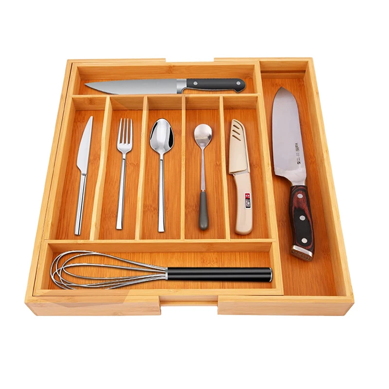 Silverware Cabinet Organizer for Utensils Cutlery Utility cutlery tray Removable Dividers wood bamboo Kitchen Drawer Organizer