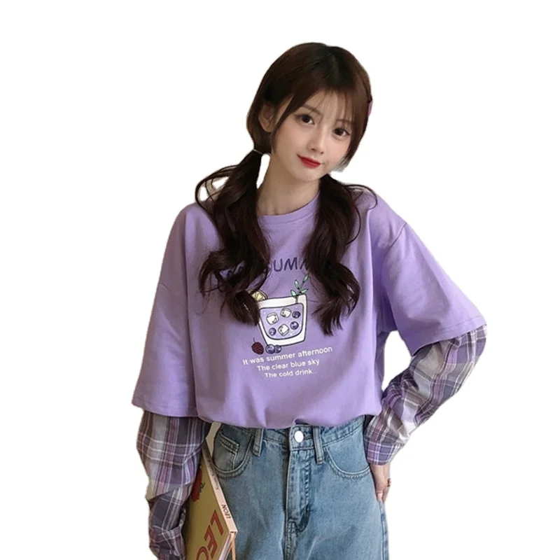 2020 new autumn plaid Mosaic  two tops loose Korean web celebrity purple long sleeve T-shirt for women