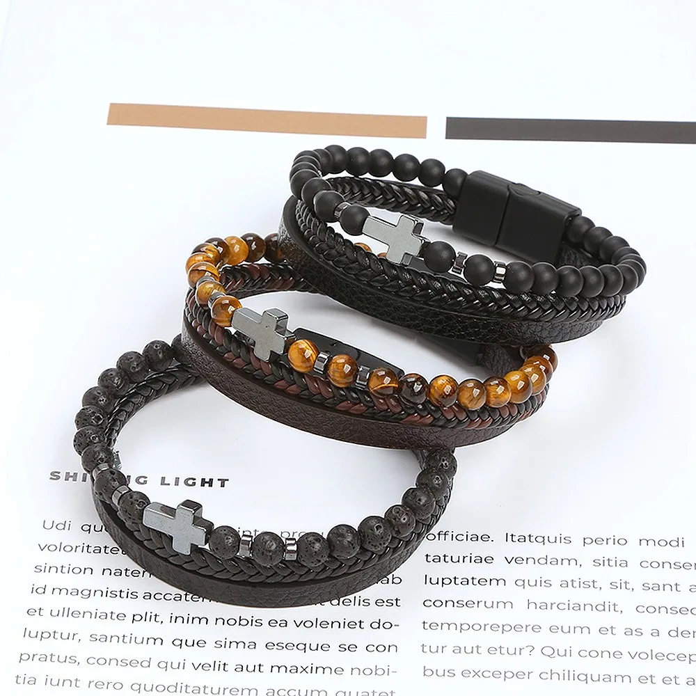 Cross Bracelet Christian Gift Tiger Eye Men Leather Cuff Bracelet Healing Crystal Anxiety Relief Stress Magnet Bracelets