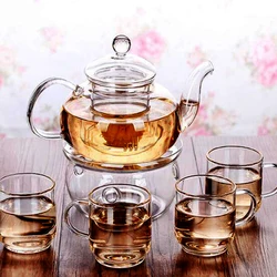 BPA Free Glass Tea Sets with Tea Cups Pot and Heated Candlestick Tea Water Bottle  with Customized Logo