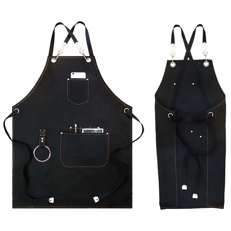 Factory Price Adjustable Cross Back PU Leather Kitchen Apron Chef Cooking Canvas Denim Webbing with Ring XL Size Cotton Material