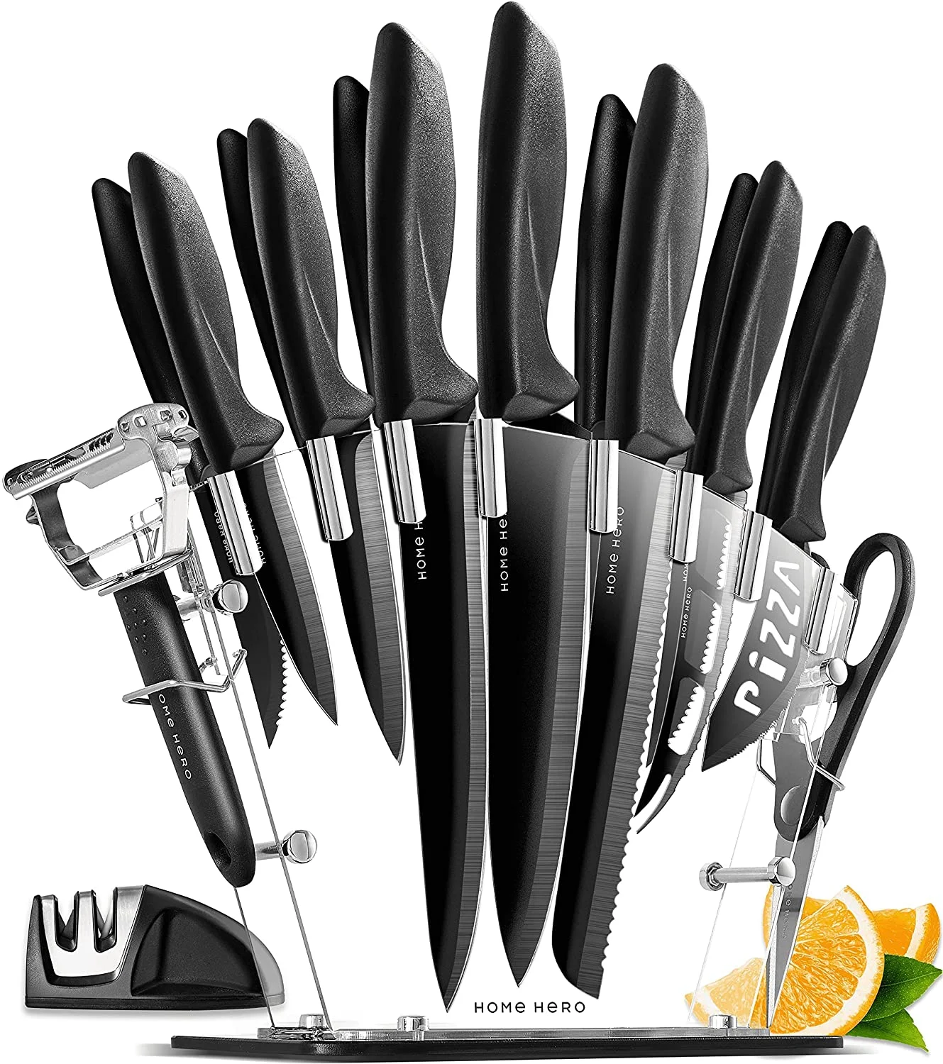 Amazon Stainless Steel Kitchen Knife Set Serrated Steak Knives Scissors Peeler Knife Sharpener with Acrylic Stand