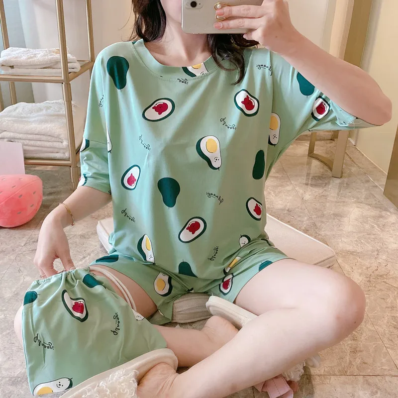 Summer short-sleeved three-piece shorts Cute Korean style sweet loose plus size homewear pajamas get buggy bag free