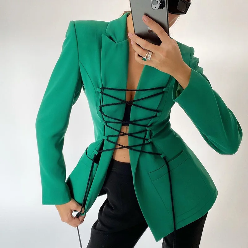Sexy Office Lady Blazer Casual Coat With Pocket Turn down Collar Bandage Suits Jackets Coat Street wear Ladies