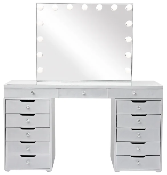 
2021 Hottest style OEM hotel bedroom apartment 13 drawers cheapest Makeup station vanity table with lighted mirror 