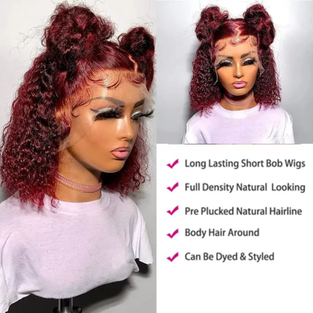 Pre Pluck Blenched Knots Transparent Swiss Lace Frontal Wig,12 Inches 99J Red Colored Jerry Curly Human Wig Supplier