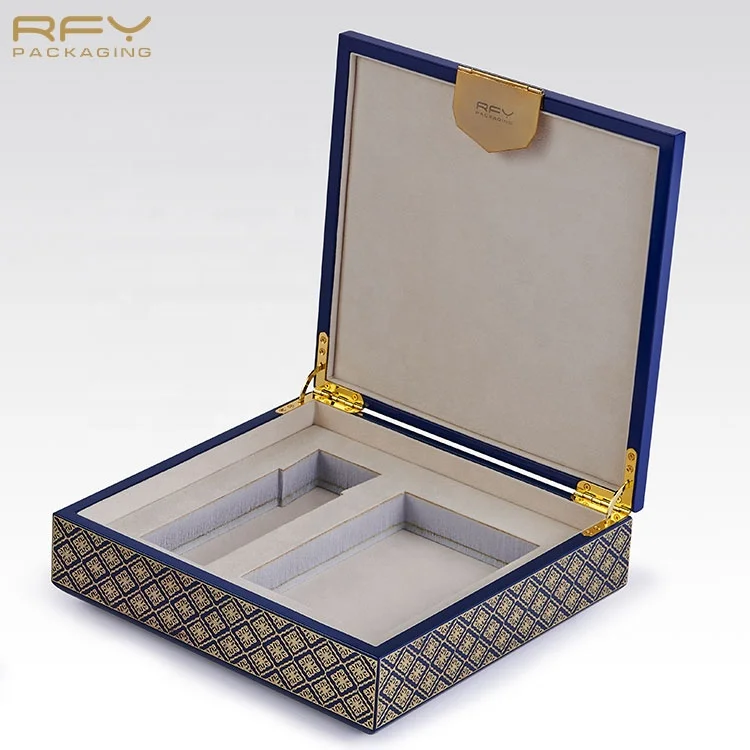 Luxury custom lacquer black blue perfume bottle jewelry organizer wood box for gift pack