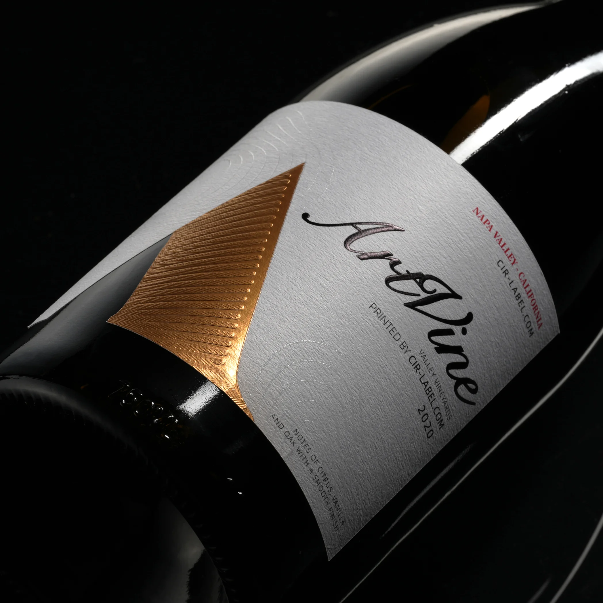 Custom Metallic Wine Stickers - Private Label Wine Labels with Gold Foil, Embossing, and Machine-Applied Adhesive Designs