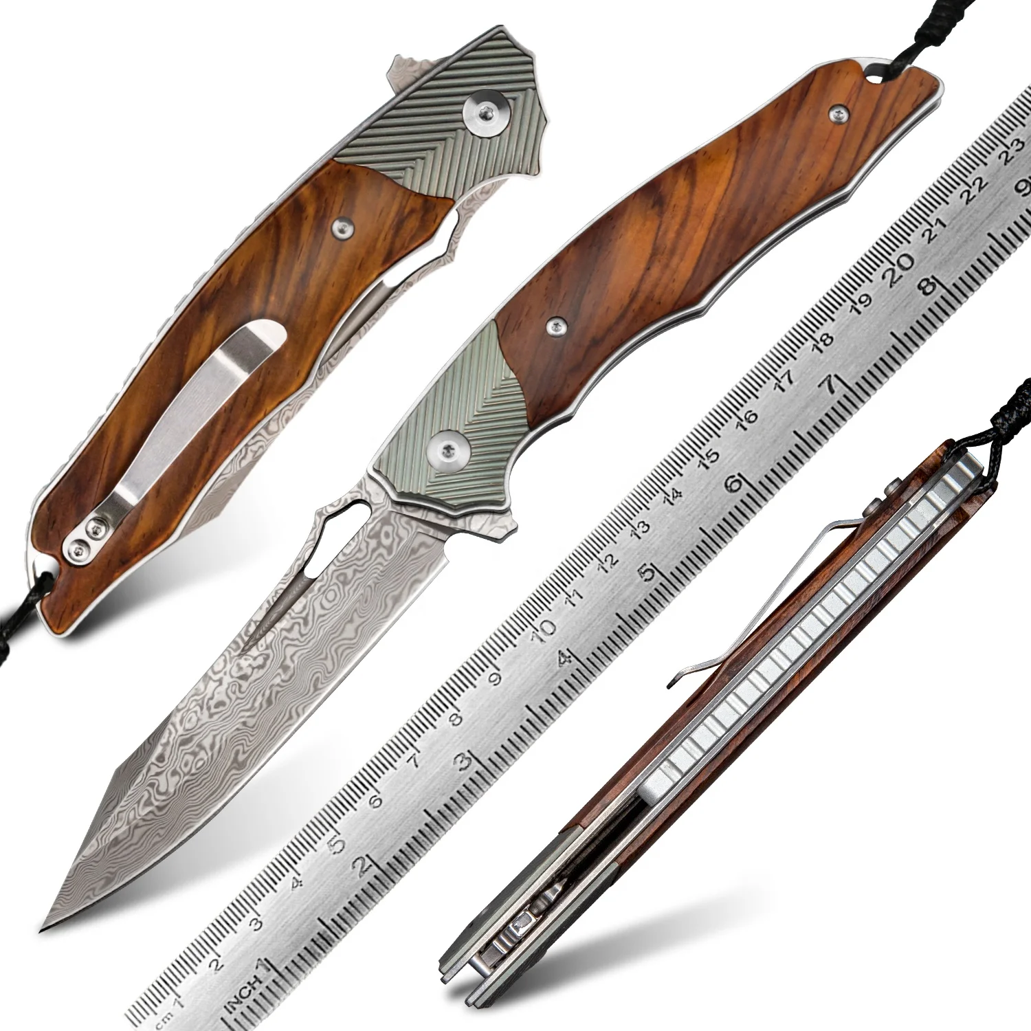Damascus Steel Titanium and Rosewood Handle EDC Outdoor Folding Pocket Knife with Clip