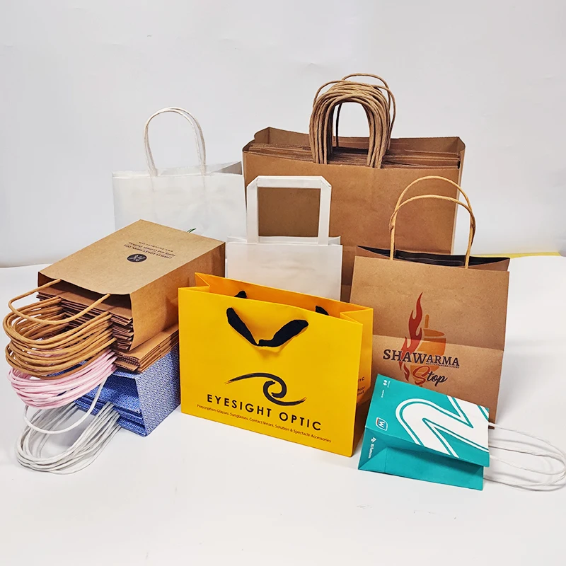 ECO friendly Recyclable Custom logo black white Printing wholesale shopping gift Brown craft Kraft Paper Bag with Handles