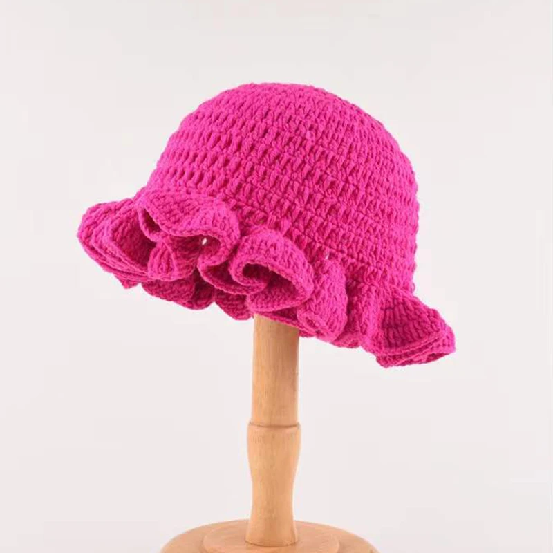 New Fashion Solid Color Handmade Knitted Cap Orange French Crochet Beach Ruffle Hats for Women