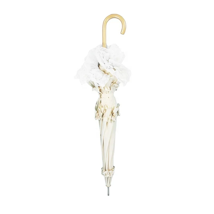 Gothic Lolita Lace Wood Handle J Shape Wedding Sunshade Sombrilla Umbrella For Ladies 23 Inch