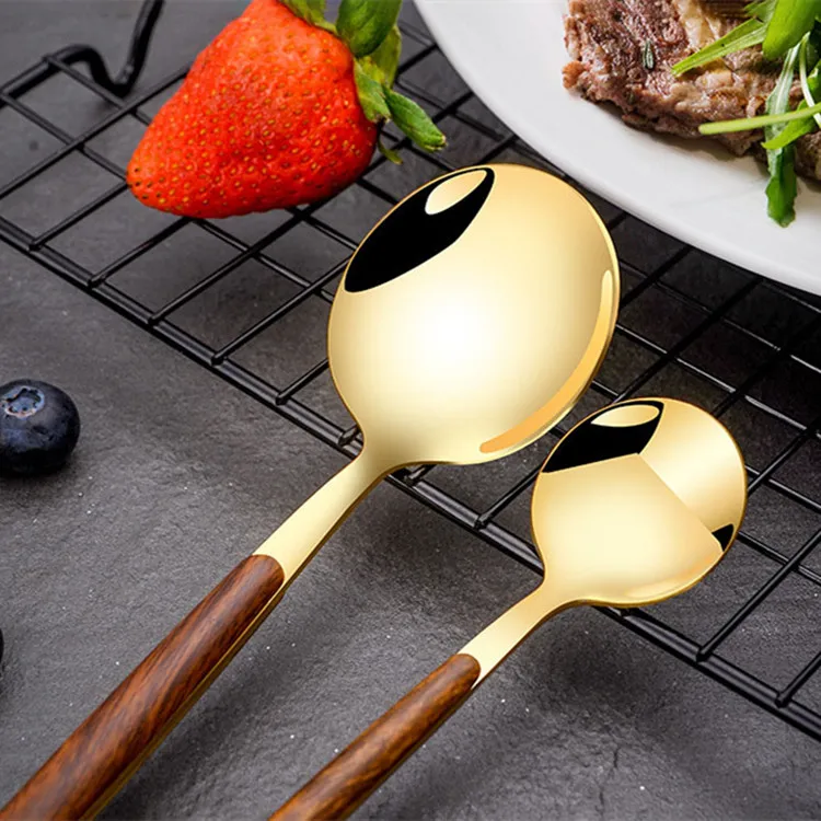 Latest Designs 5 Piece Home Hotel Gold Forks Bulk Gold Stainless Steel Flatware Set With Wooden Handle