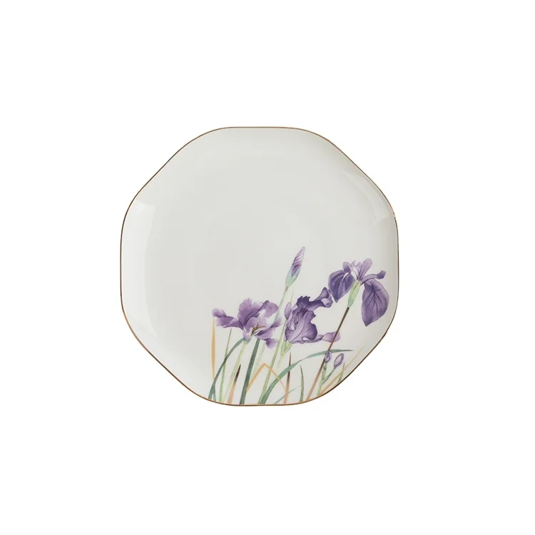 
Gold Rim Luxury Restaurant Dishes Wedding Dinner Plates Purple Fleur-de-lis Design Bone China Ceramic Food Dishes 