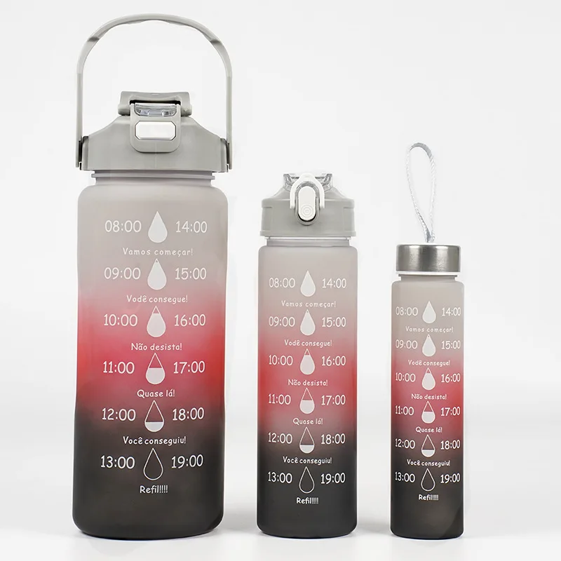 Straw Plastic Sports 2000ml Gradient 3pcs Set Water Bottle  With Time Marker With Straw
