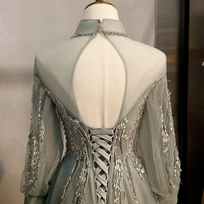 QUEENS GOWN  Stand Collar Long Sleeve Embroidery Soft Tulle A-line Princess Prom Dress