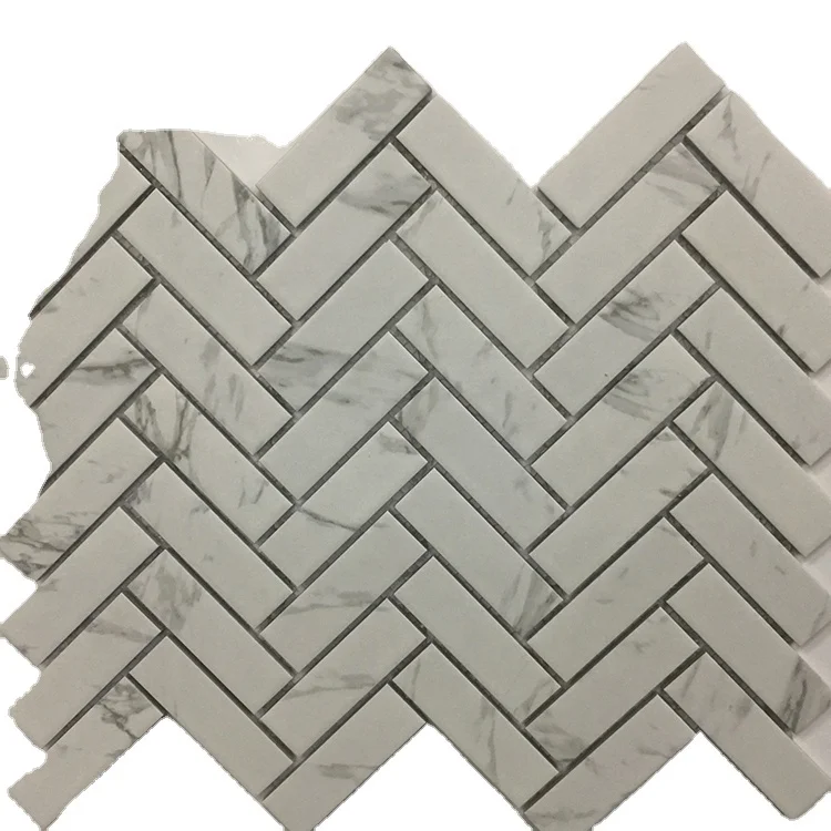 Carrara White Herringbone Travertine Foshan Mosaic On Mesh For Sale Mini-herringbone White Mosaic Tile For Wall