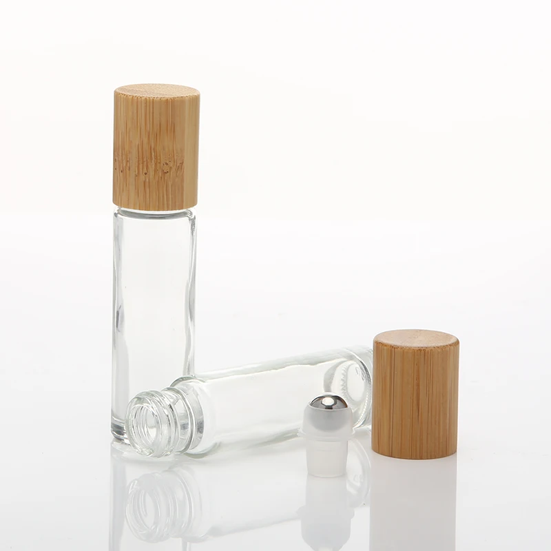 2020 New product 10ml clear oil glass roll on bottle with bamboo wood top roller ball cap