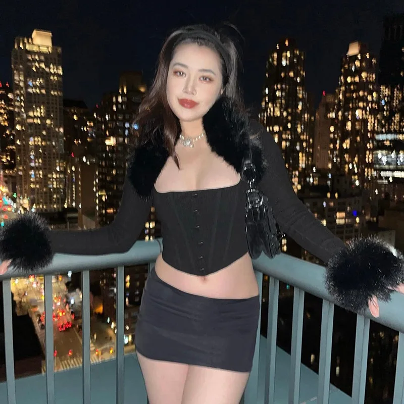 Peeqi High Quality Women Fall Winter 2023 Clothes Short Style Wool Collar Long - sleeved Sweater Vest Two Piece Set