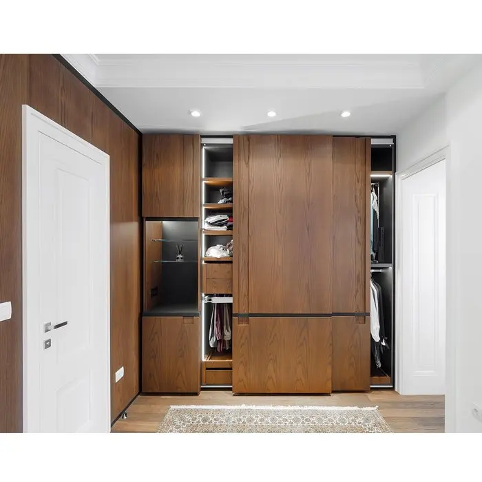 ACE Durable Latest Modern Plywood Melamine Wood Veneer Finish Sliding Doors Wardrobe For Bedroom Furniture