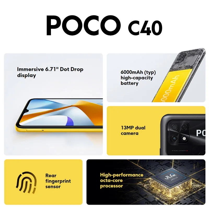 Global Version Xiaomi POCO C40 Smartphone 3GB 32GB / 4GB 64GB 6.71 Display 6000mAh battery Octa-core 13MP Main Camera Cellphone