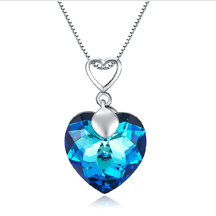 Fashion Trend Crystal Pendant Blue Heart of the Sea Necklace Jewelry Plating Alloy Ladies Silver Necklace