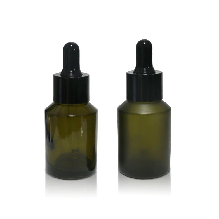30ml 1oz Clear frosted olive green dropper bottle slant shoulder glass serum essential oil bottle 30 ml with black dropper