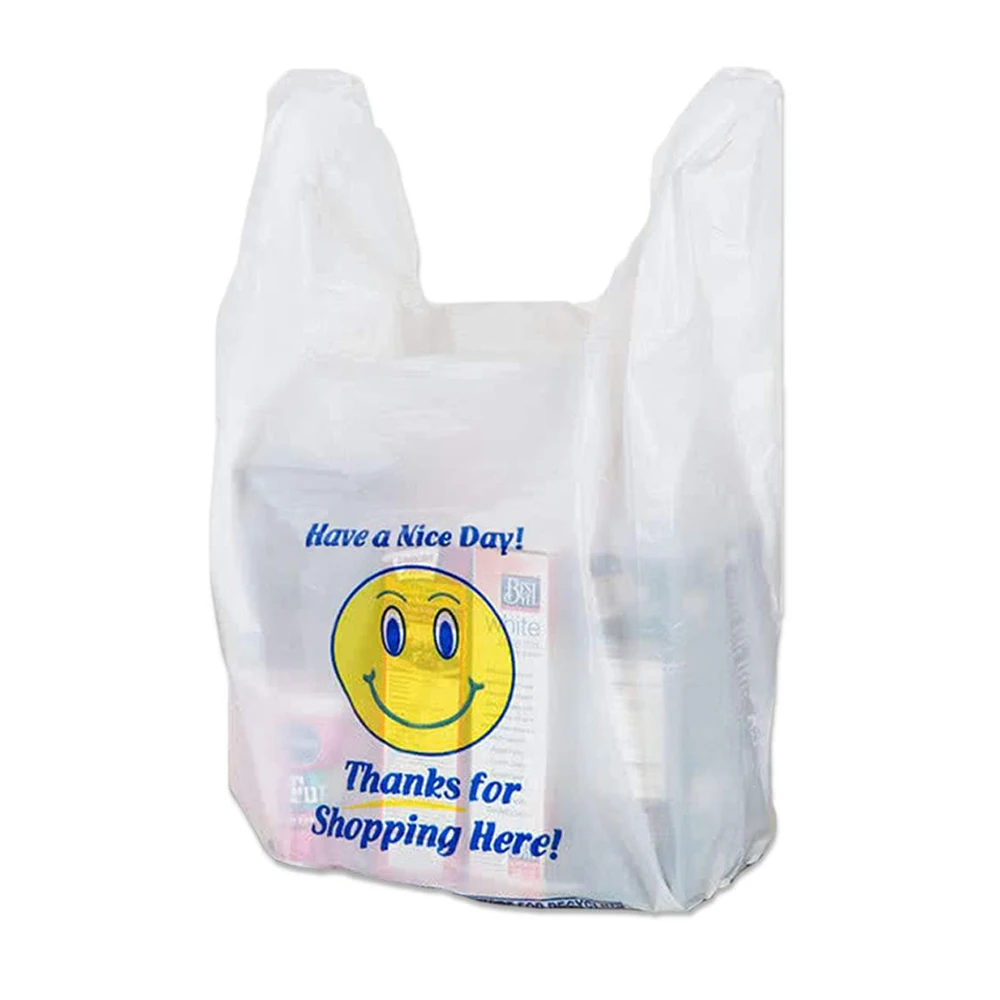 2023 eco-friendly transparent supermarket carryout t-shirt plastic grocery plastic vest shopping bag