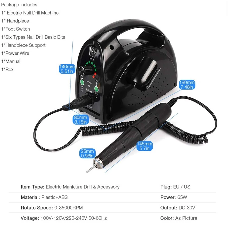 Professional 65W Strong Nail Drill Manicure Machine Pedicure Electric Strong 35000 RPM File Bits Nails Art Equipment nail drill